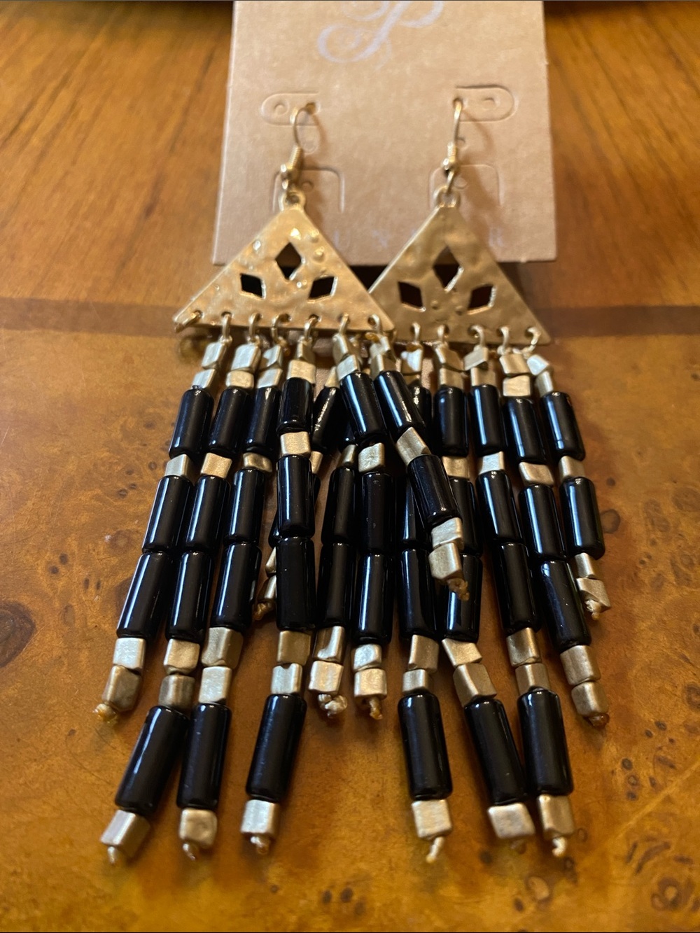 Plunder Gold Tone Triangle Earrings with Black Beaded Fringe